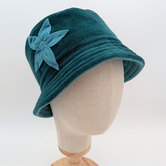 Aller Simplement Womens Velvet Bucket Hat Green Fleece Lined 100% Cotton Cloche - Picture 1 of 7